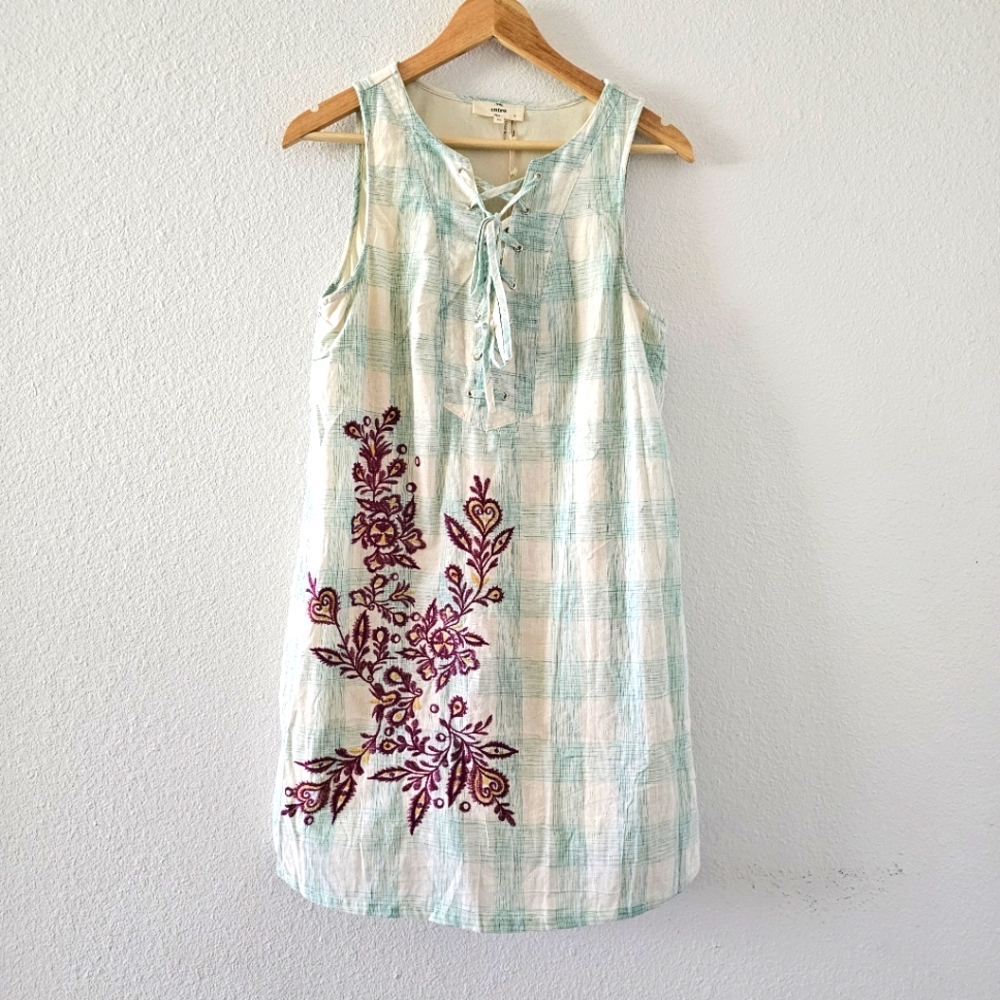 Entro green off white check shift dress size M sleeveless lace up embroidery NWT